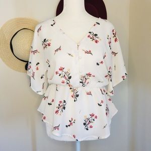 White Floral V-neck Peplum Blouse with Buttons